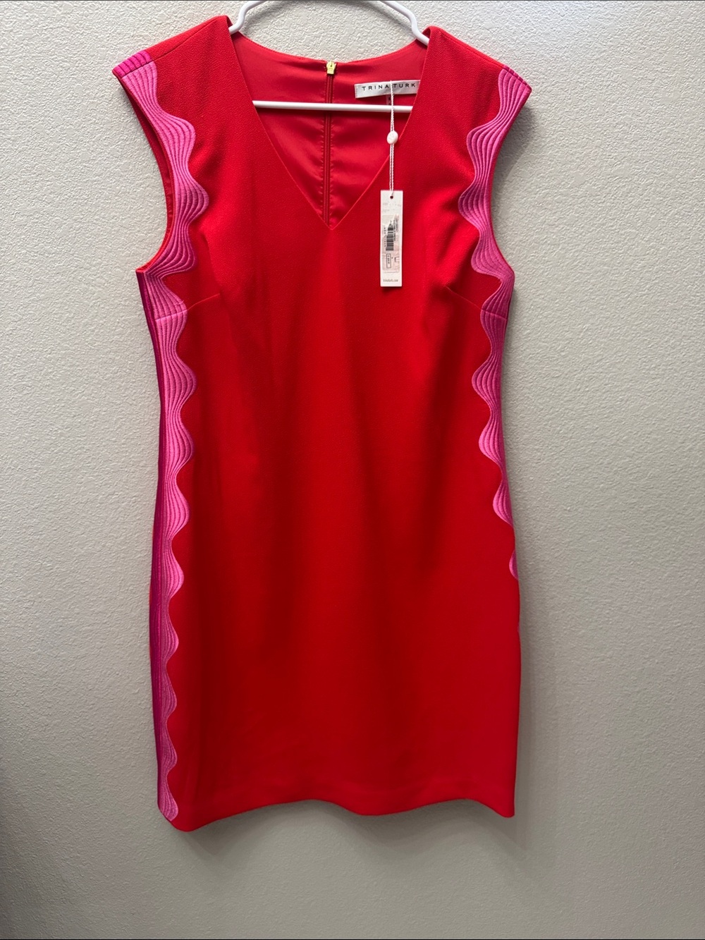 Trina Turk Red Sleeveless Sheath Dress with Pink Wave Trim